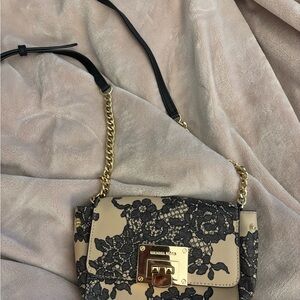 Michael Kors Beige and Black Lace-Print Chain Crossbody